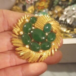 Vintage BSK Gold and Green Brooch